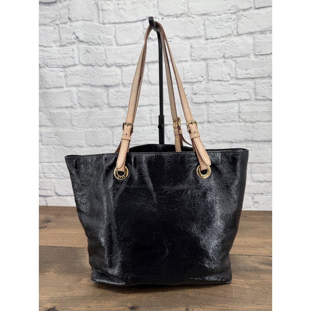 Michael Kors Black Patent Leather Tote Bag Purse Gold‎ Hardware Tan Straps